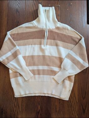 Aerie Striped Half-Zip Pull OverSweater Cream Tan Stripe S Lounge Oversized